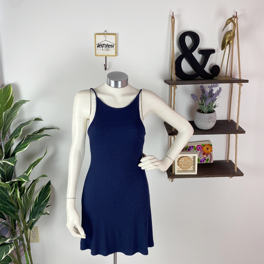 Topshop Navy Ribbed Open Back Dress